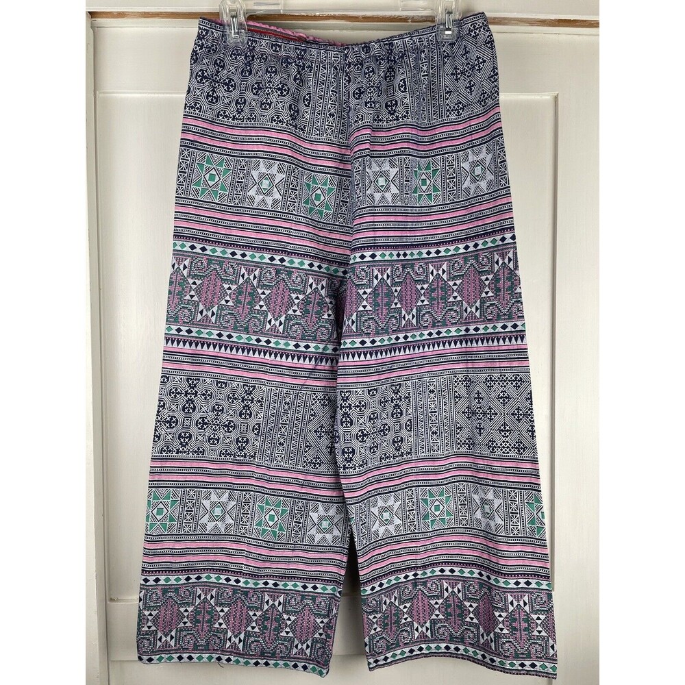 Cotton Tribal Boho Hippie Pants Women's Small Blue Pink Green Straight Leg Crop - Picture 3 of 16